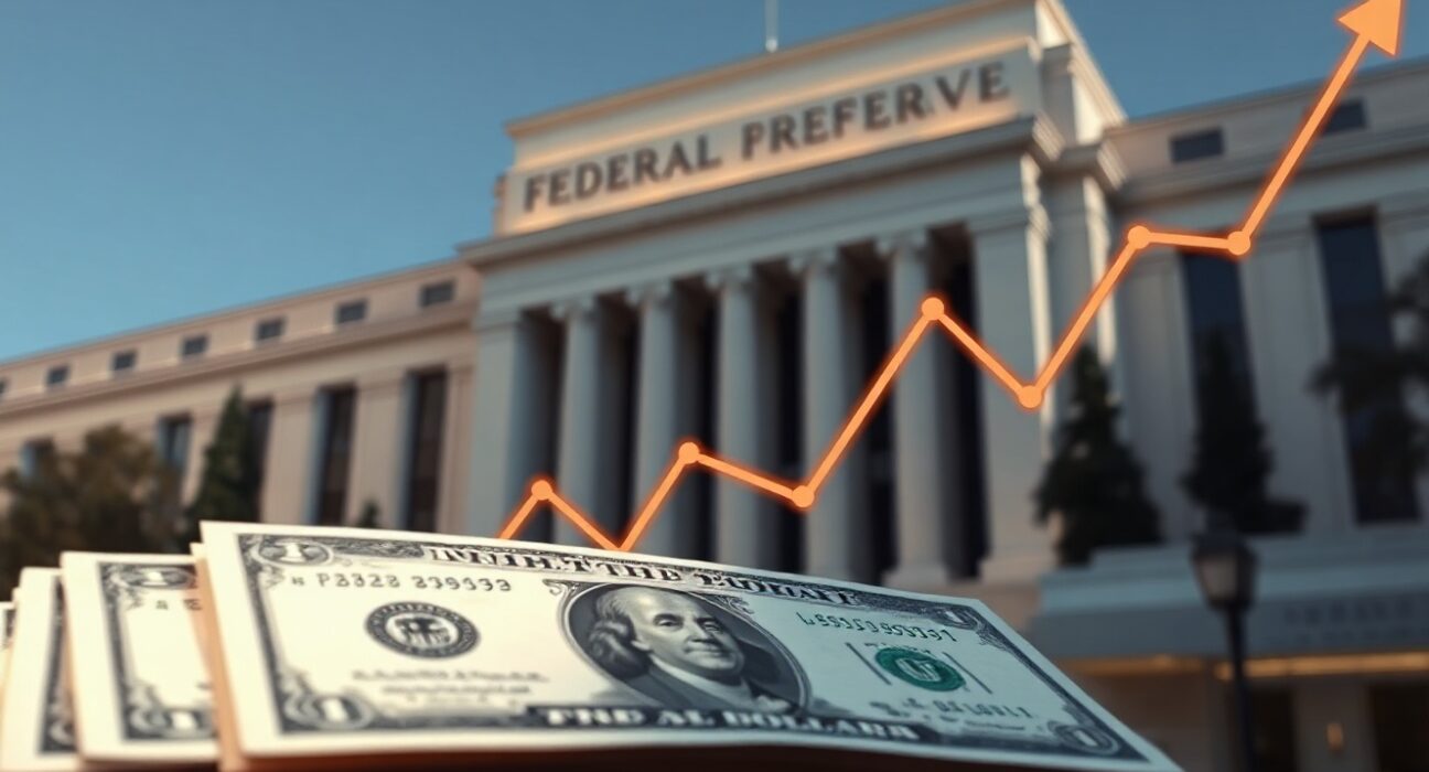 US dollar banknotes with Federal Reserve building in background, representing currency markets and monetary policy.