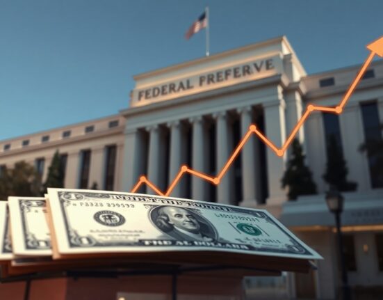 US dollar banknotes with Federal Reserve building in background, representing currency markets and monetary policy.