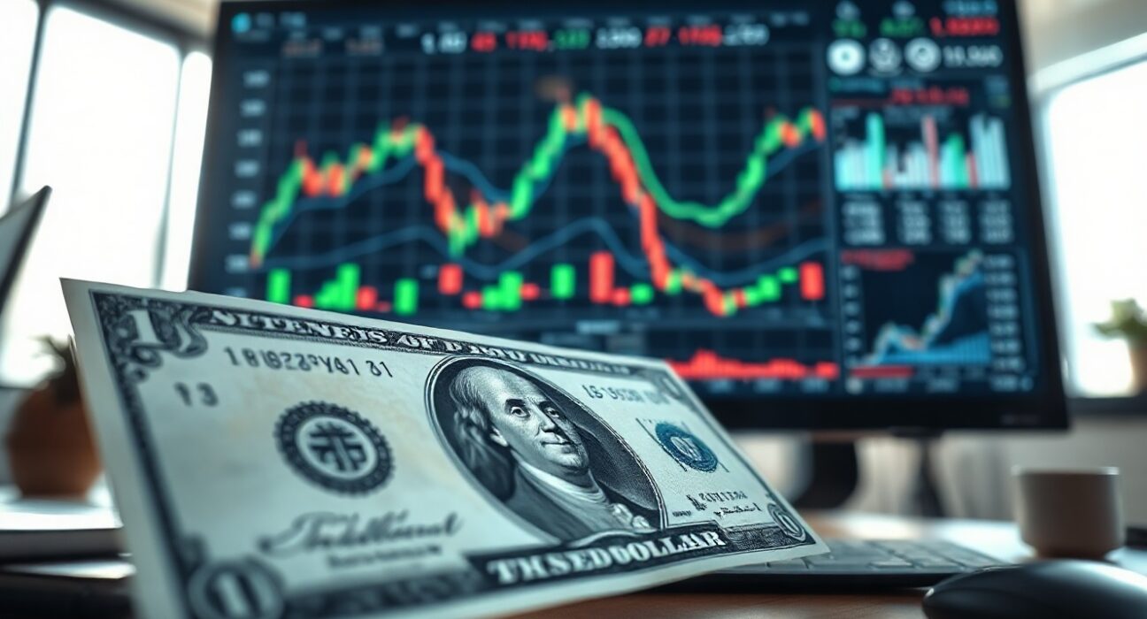 US dollar banknote with financial charts on a monitor in background, representing data-driven currency analysis.
