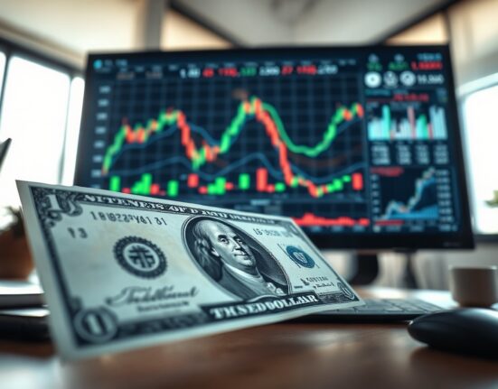 US dollar banknote with financial charts on a monitor in background, representing data-driven currency analysis.