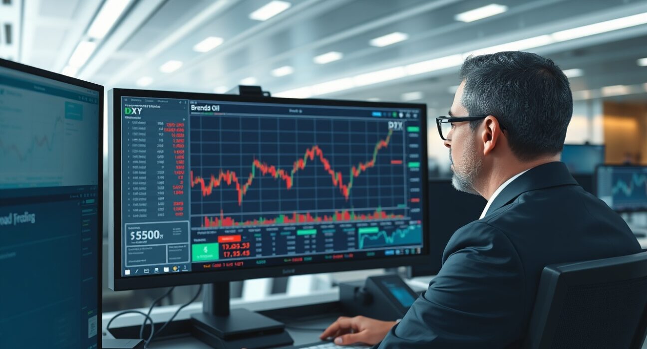 HSBC analyst reviews US Dollar and oil price correlation chart on trading desk, illustrating the energy-currency nexus.