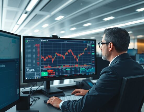 HSBC analyst reviews US Dollar and oil price correlation chart on trading desk, illustrating the energy-currency nexus.