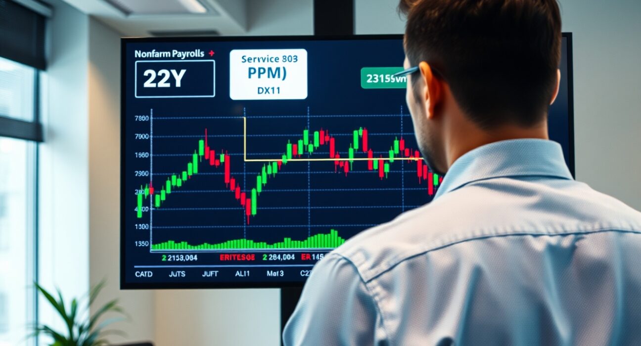 Financial analyst reviewing US dollar index chart and economic data on a digital screen.
