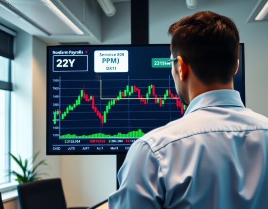 Financial analyst reviewing US dollar index chart and economic data on a digital screen.