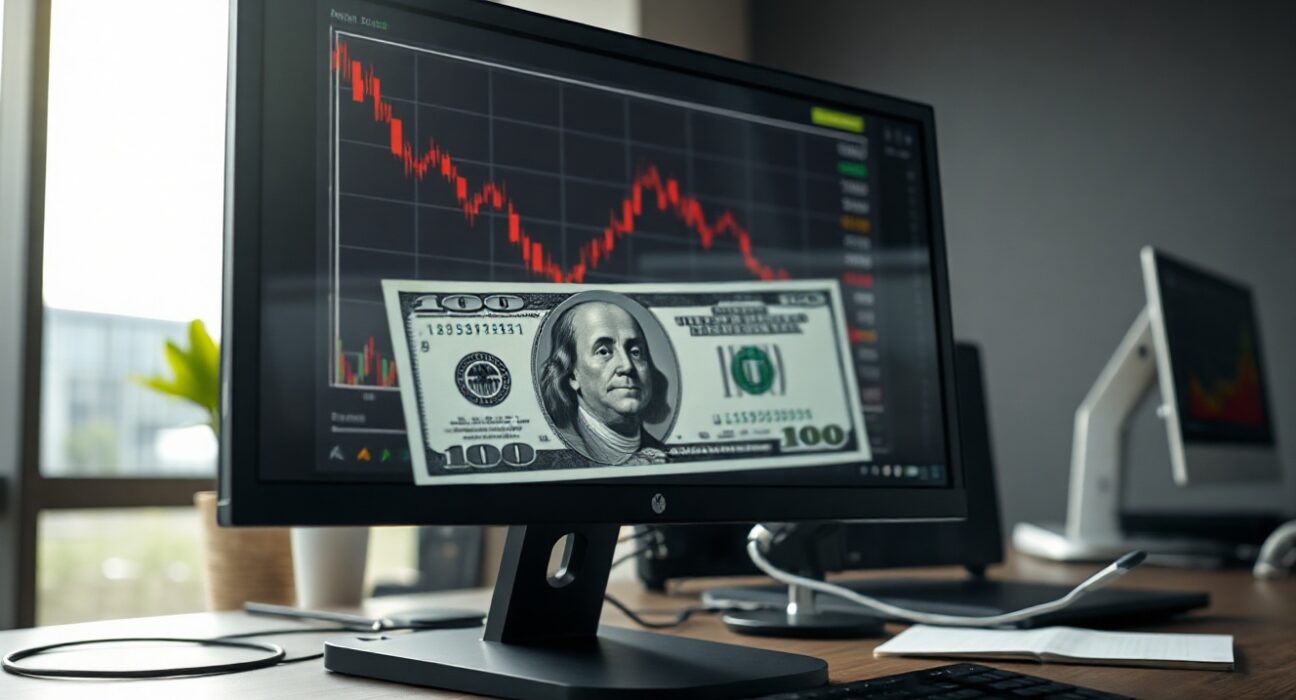 US dollar banknote and financial chart with downward trend on monitor