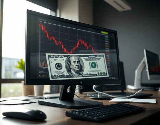 US dollar banknote and financial chart with downward trend on monitor