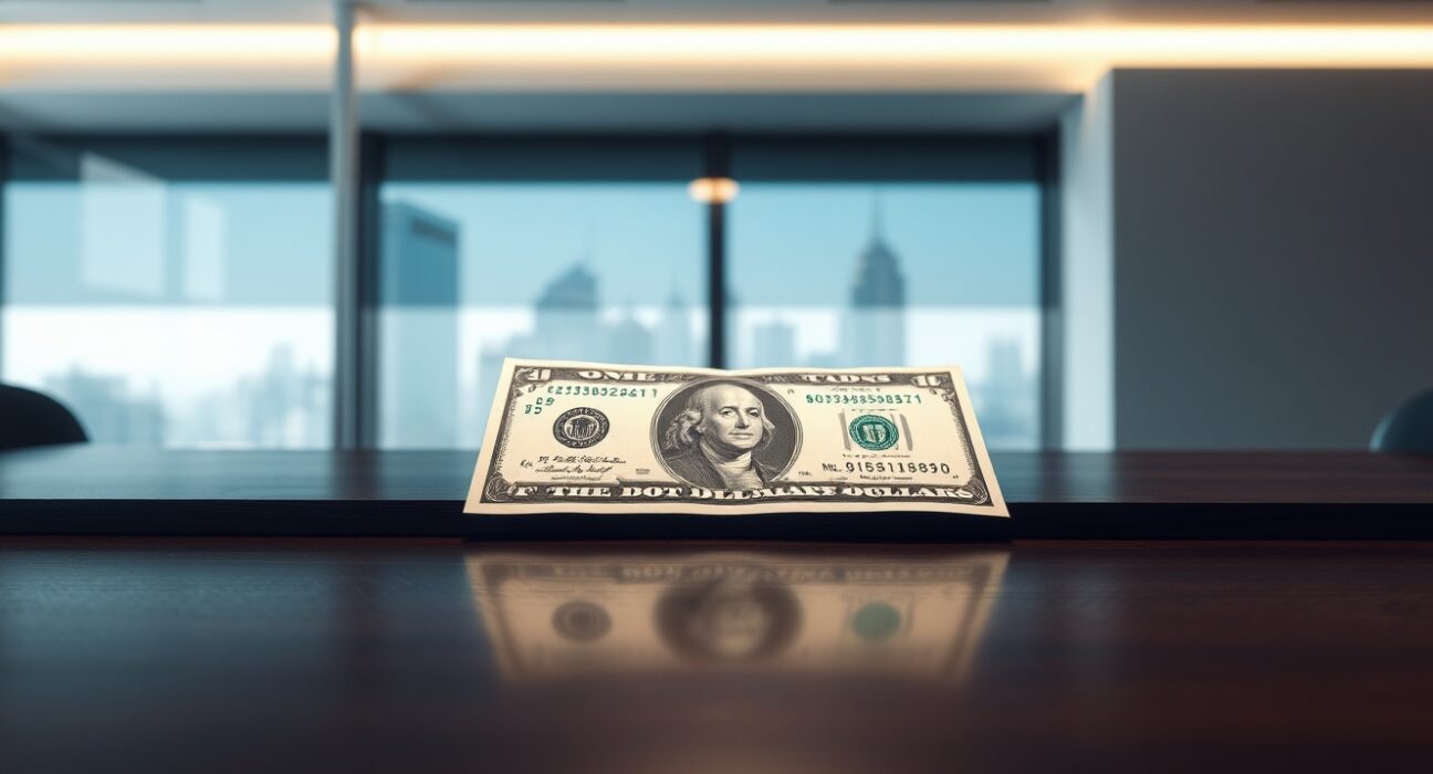 Close-up of a US dollar bill on a desk with a blurred city skyline background