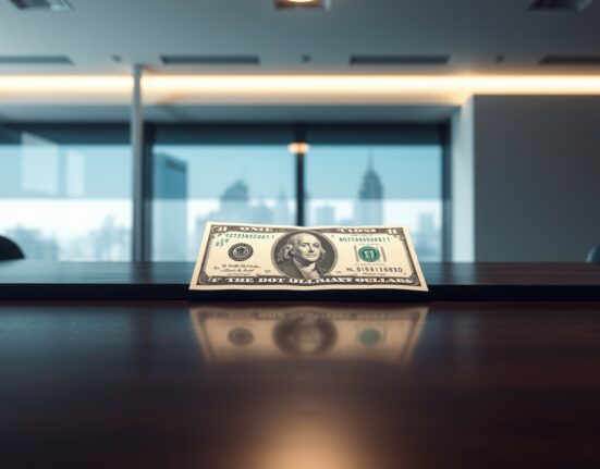 Close-up of a US dollar bill on a desk with a blurred city skyline background