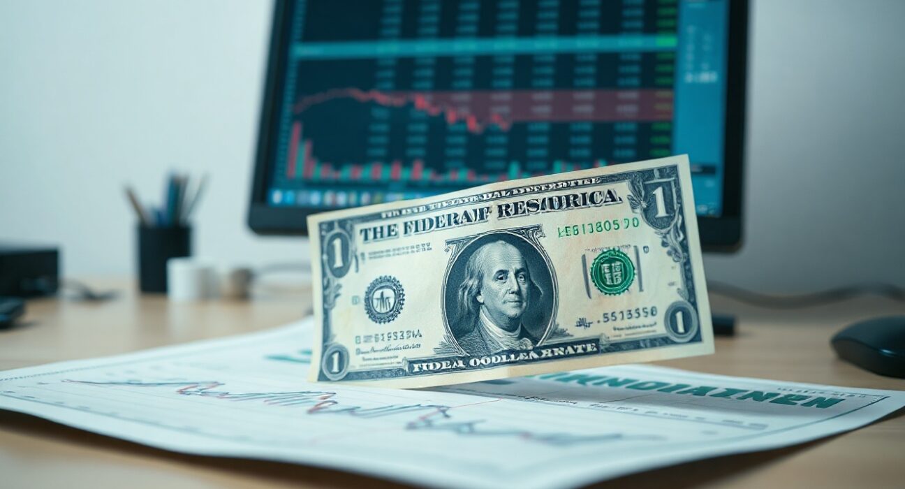 US dollar banknote and economic chart on a desk in a financial newsroom setting.