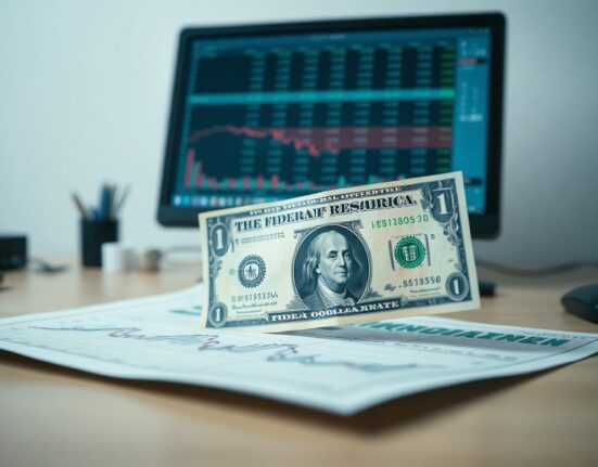 US dollar banknote and economic chart on a desk in a financial newsroom setting.