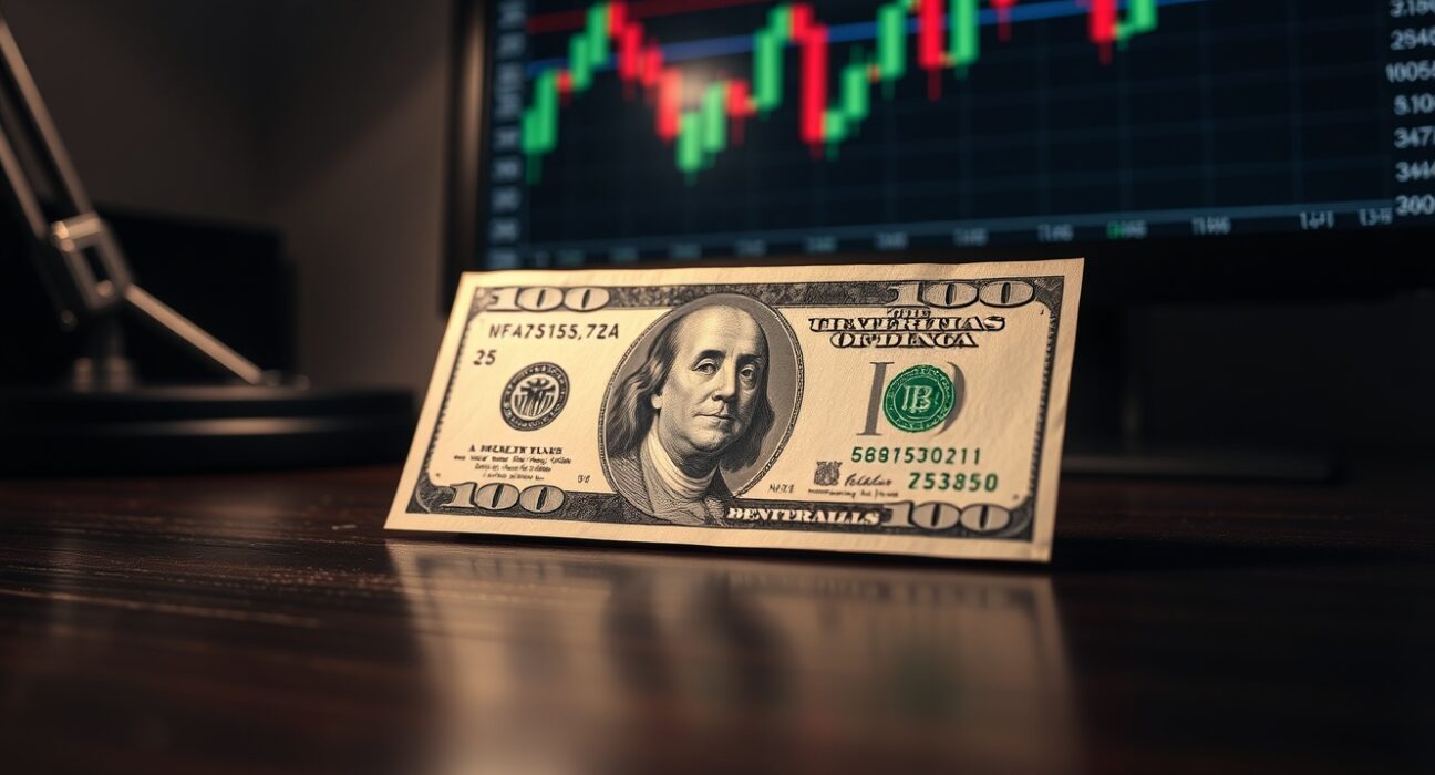 US dollar banknote on desk with forex chart on monitor in background