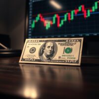 US dollar banknote on desk with forex chart on monitor in background