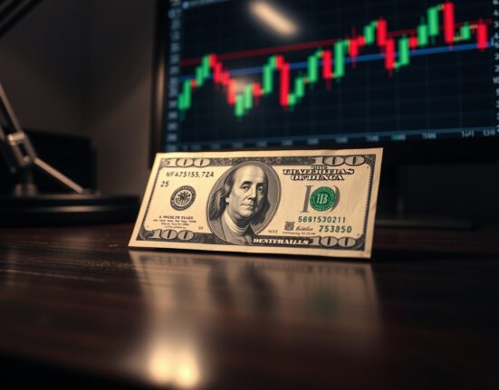 US dollar banknote on desk with forex chart on monitor in background