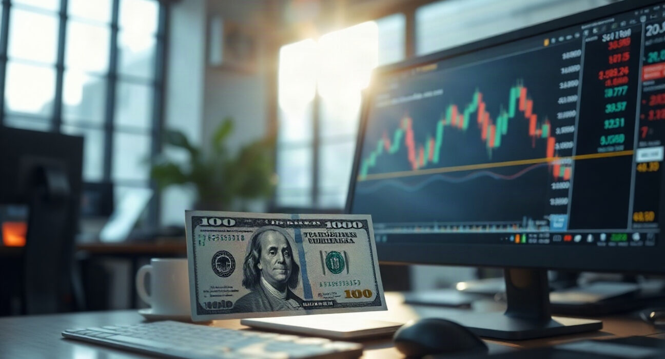 US dollar banknotes and a financial chart on a computer screen in a trading office
