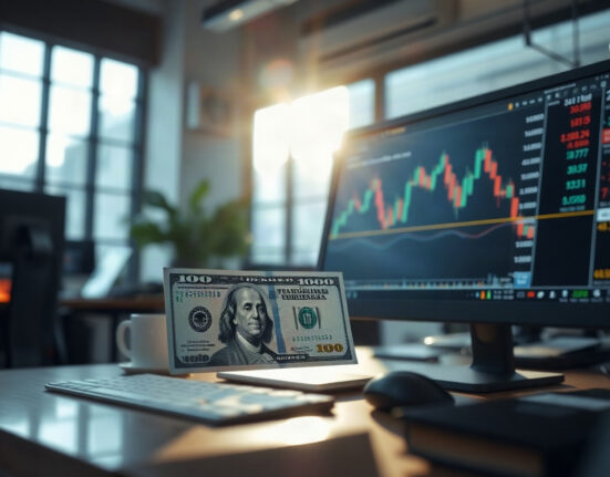 US dollar banknotes and a financial chart on a computer screen in a trading office