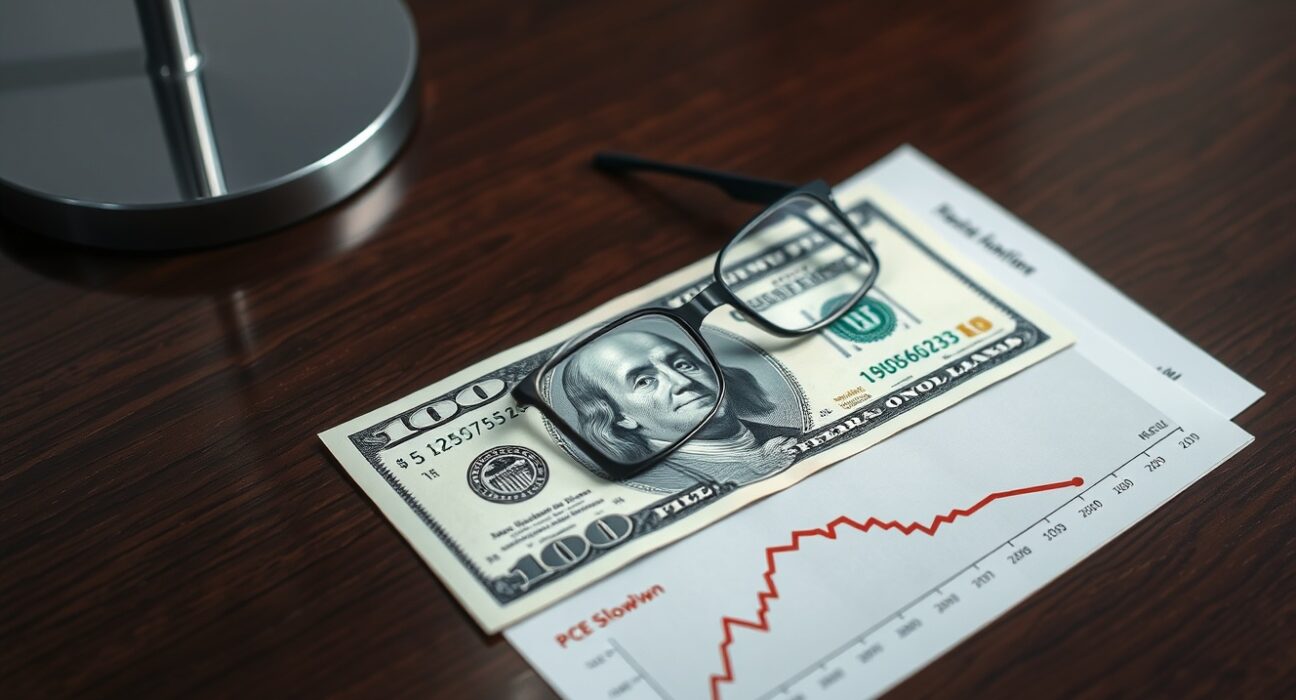 US dollar bill on a desk next to financial charts and glasses, representing economic analysis.