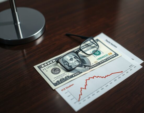 US dollar bill on a desk next to financial charts and glasses, representing economic analysis.
