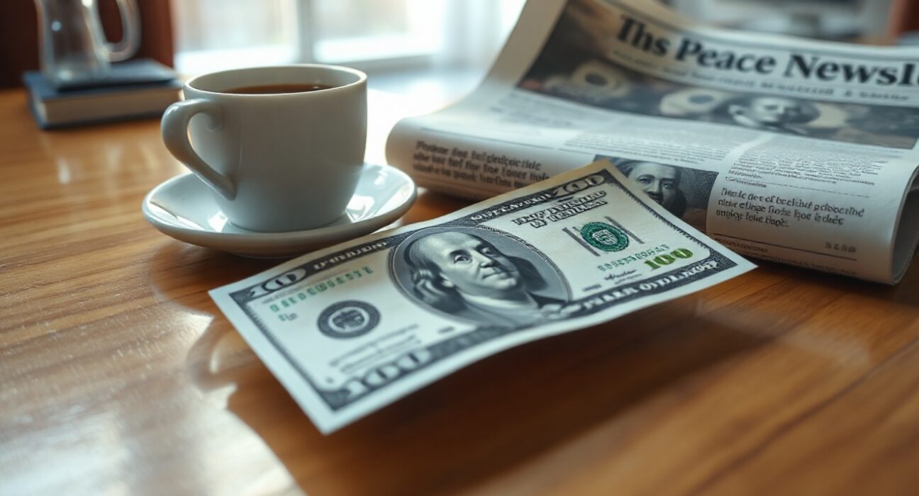 US Dollar banknote on a table with coffee and a newspaper about peace talks in a modern office setting.