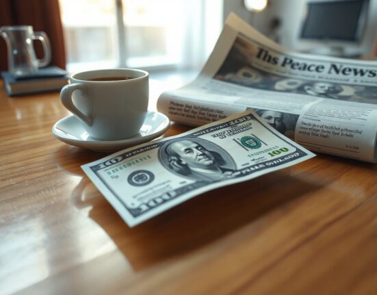 US Dollar banknote on a table with coffee and a newspaper about peace talks in a modern office setting.