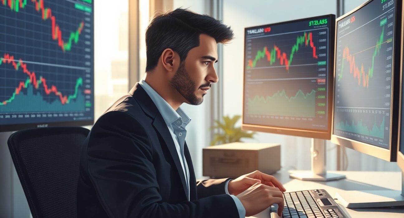 Trader analyzing US Dollar forex charts ahead of PMI data release in financial markets