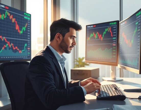 Trader analyzing US Dollar forex charts ahead of PMI data release in financial markets