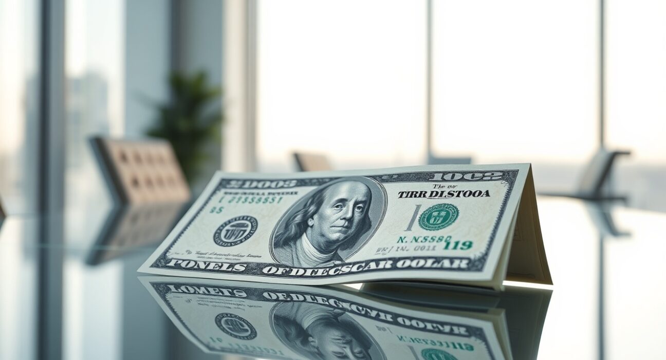 Close-up of a US dollar bill on a desk in a modern office, representing currency market analysis.