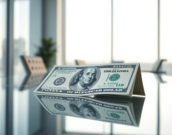 Close-up of a US dollar bill on a desk in a modern office, representing currency market analysis.