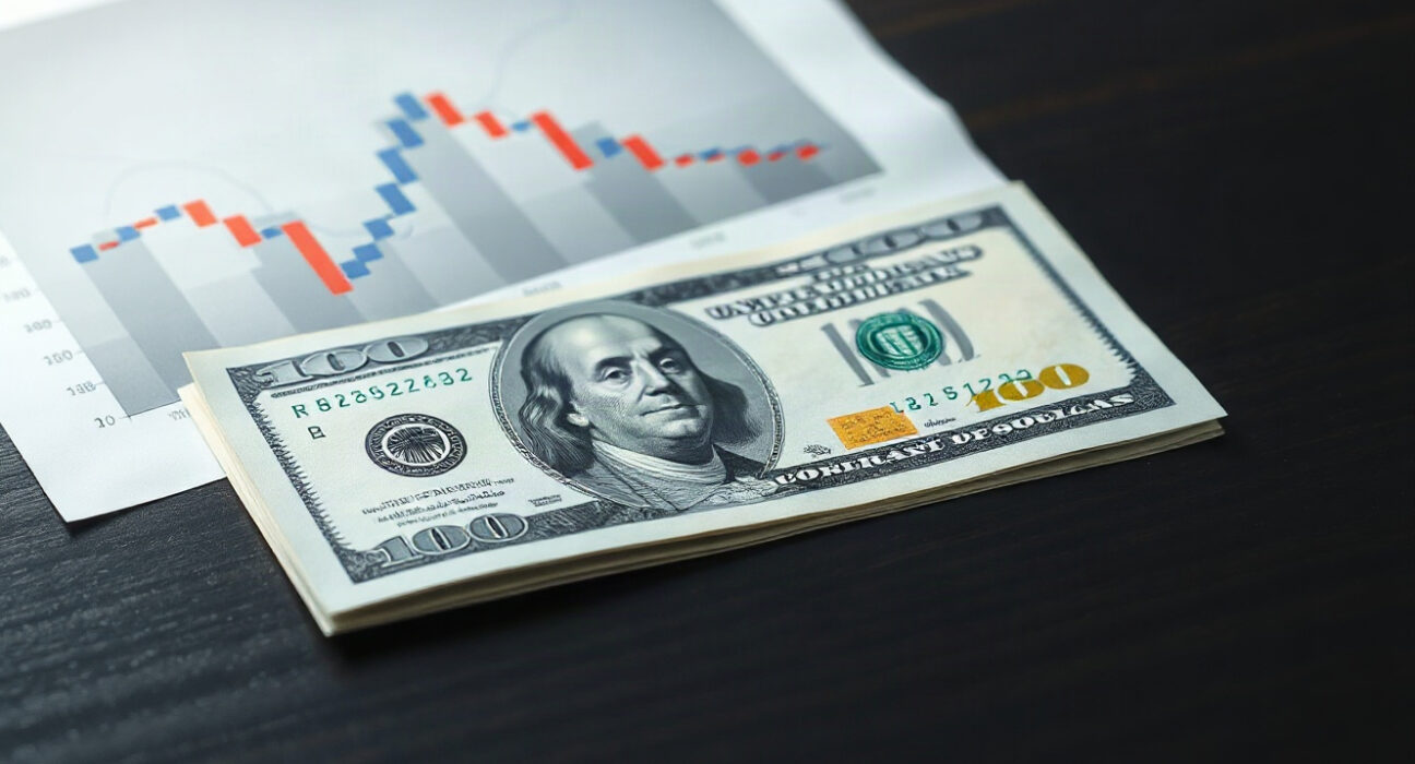 US dollar banknote with a declining yield chart in the background