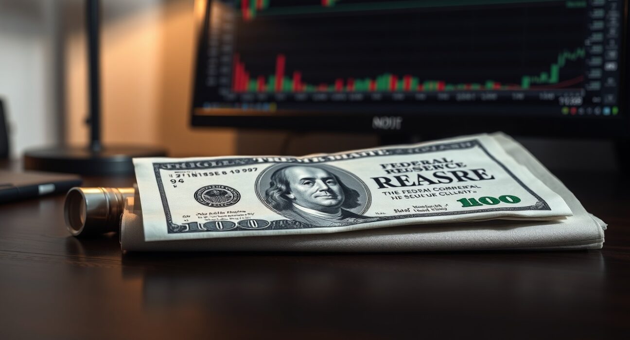 US Dollar banknote and financial newspaper on a desk with a chart on a monitor in the background.