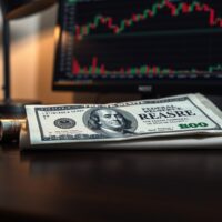 US Dollar banknote and financial newspaper on a desk with a chart on a monitor in the background.