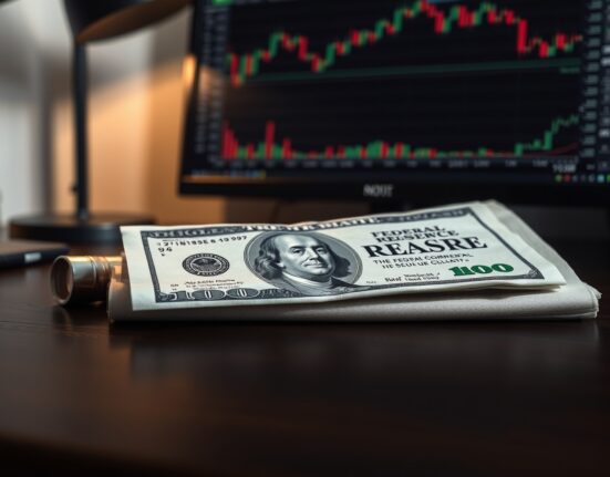 US Dollar banknote and financial newspaper on a desk with a chart on a monitor in the background.