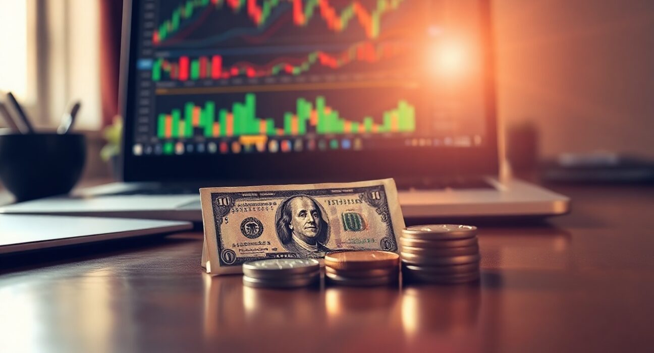 US Dollar banknotes and coins on a desk with a laptop showing currency charts in the background.