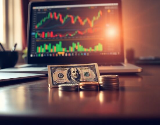 US Dollar banknotes and coins on a desk with a laptop showing currency charts in the background.