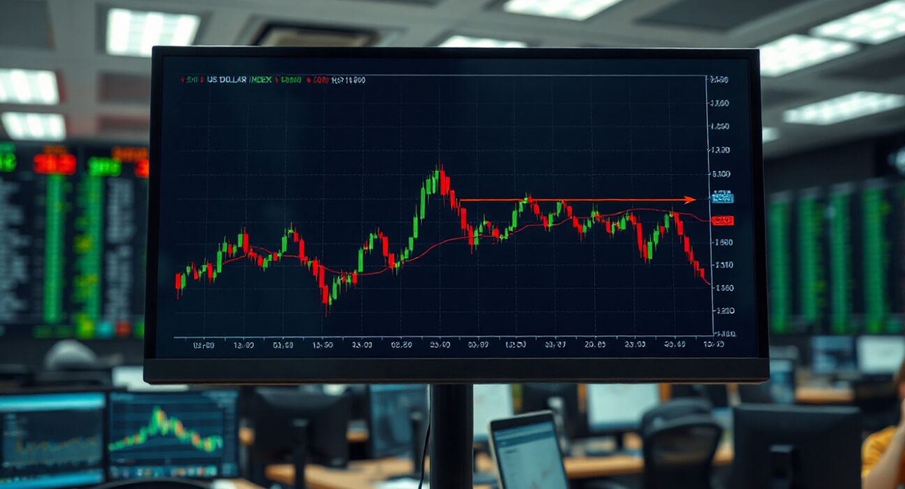 US dollar index chart showing downward trend on a trading screen