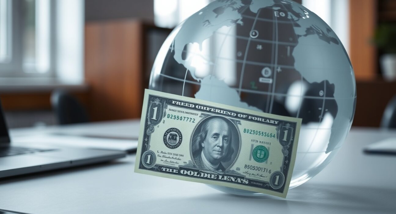 Close-up of a US dollar bill with a translucent globe in the background, representing global currency dynamics.