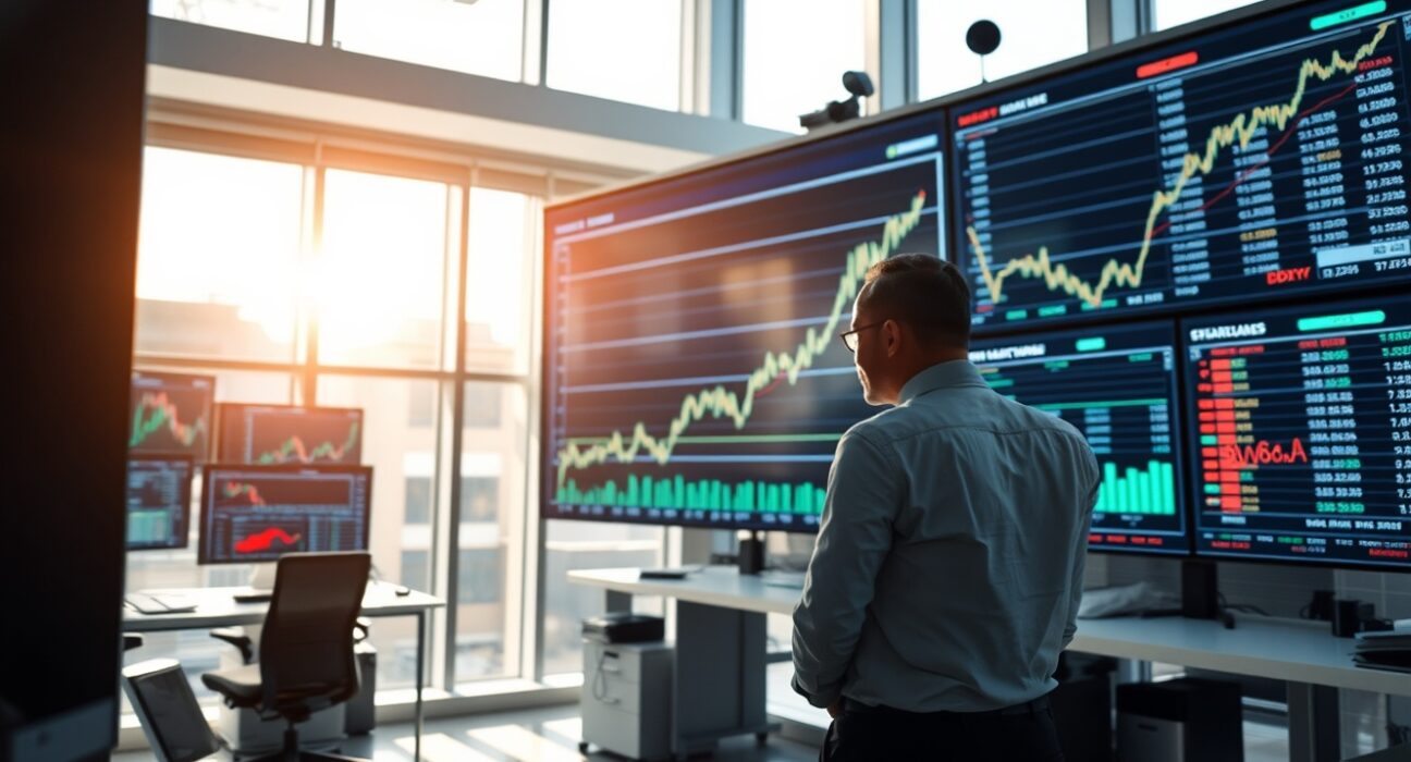 Trader analyzing forex charts with US Dollar index rising after strong ADP jobs data and geopolitical news.