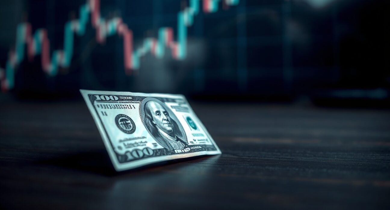 Close-up of a US Dollar banknote on a dark surface with a blurred financial chart in the background.
