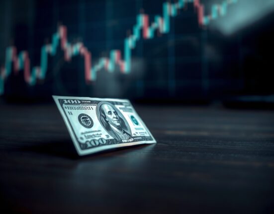 Close-up of a US Dollar banknote on a dark surface with a blurred financial chart in the background.