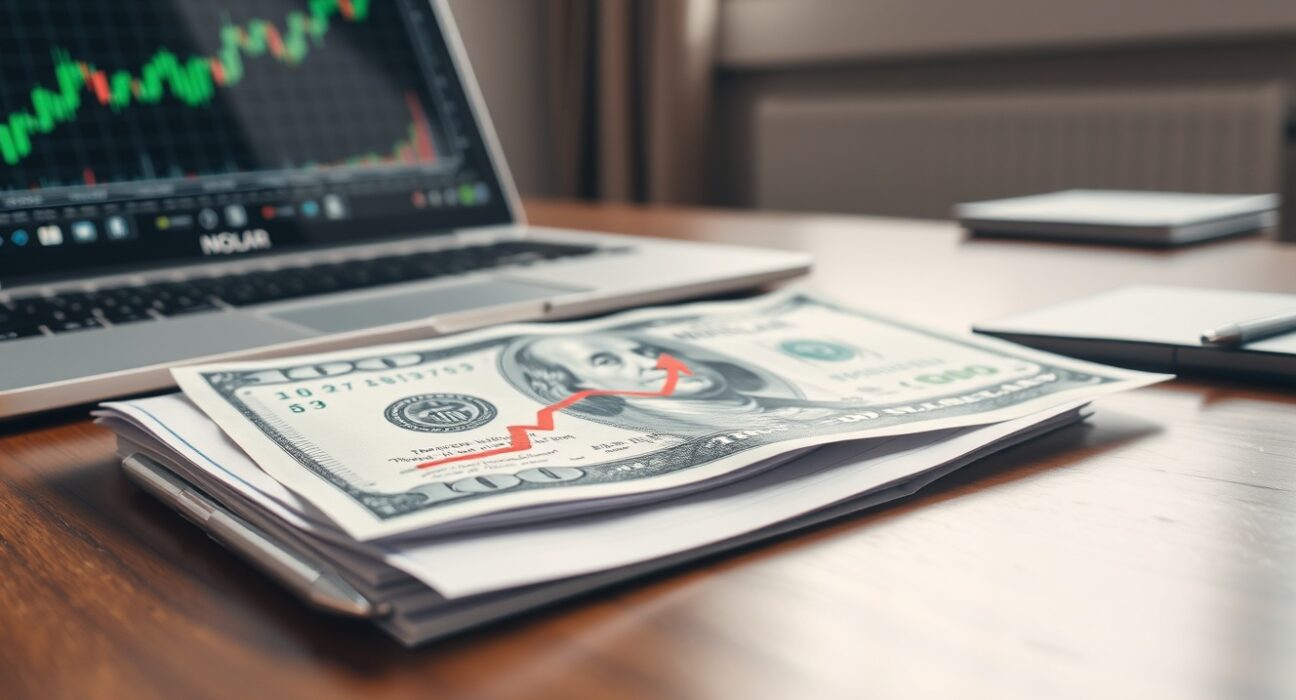 US Dollar banknote on financial chart with upward trend arrow in professional trading office setting