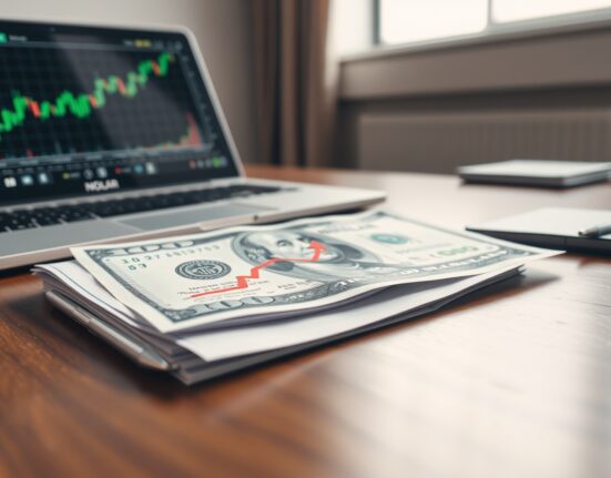US Dollar banknote on financial chart with upward trend arrow in professional trading office setting