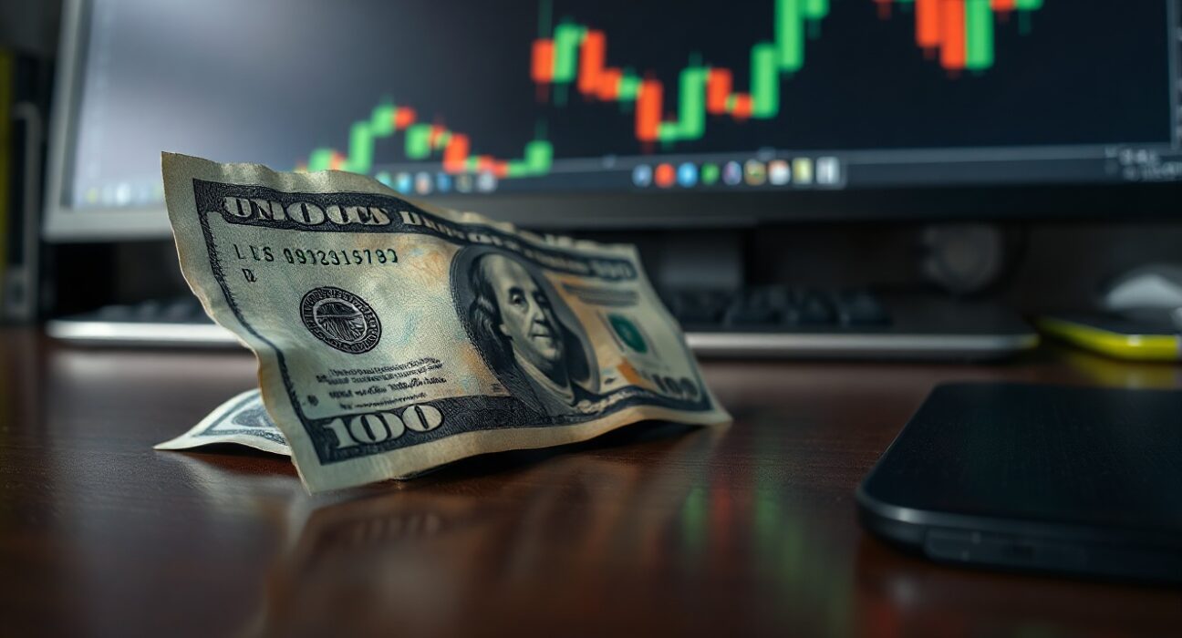 US Dollar bill on desk with trading chart in background, representing currency market rally