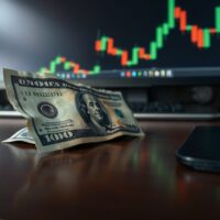 US Dollar bill on desk with trading chart in background, representing currency market rally