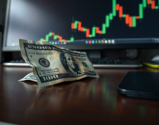 US Dollar bill on desk with trading chart in background, representing currency market rally
