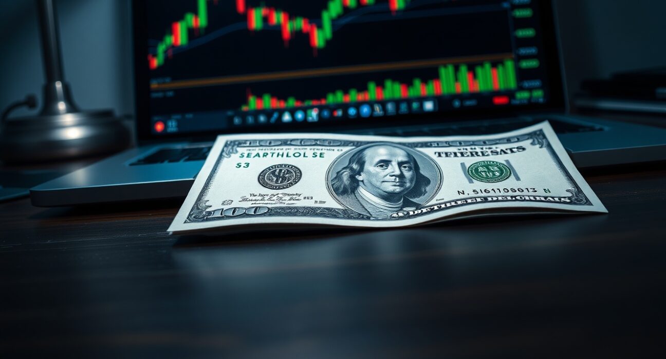 US dollar banknote with forex chart on laptop in background representing currency market rally