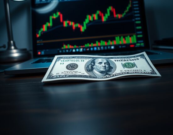 US dollar banknote with forex chart on laptop in background representing currency market rally