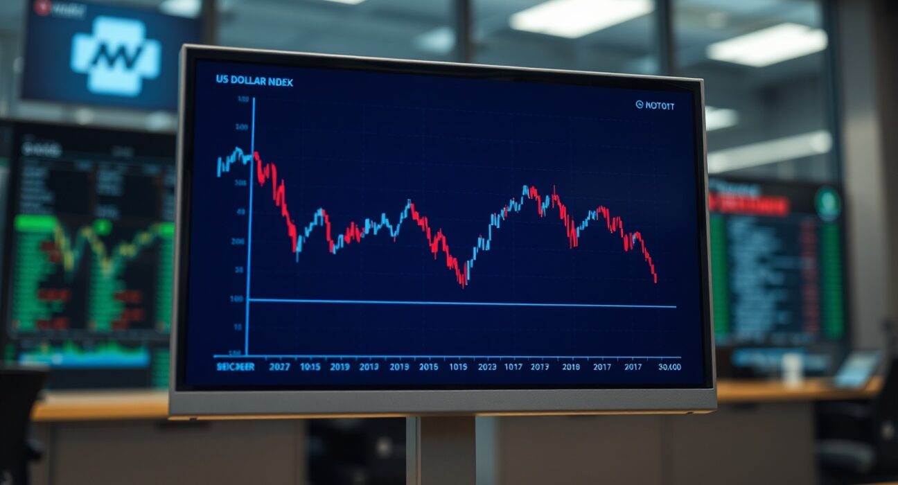 Analyst reviewing a downward trend chart for the US Dollar index on a trading screen.