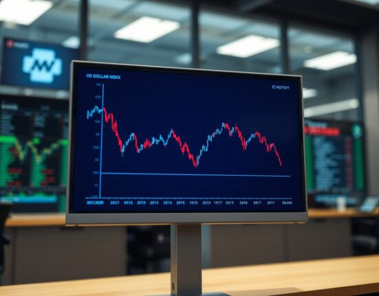 Analyst reviewing a downward trend chart for the US Dollar index on a trading screen.