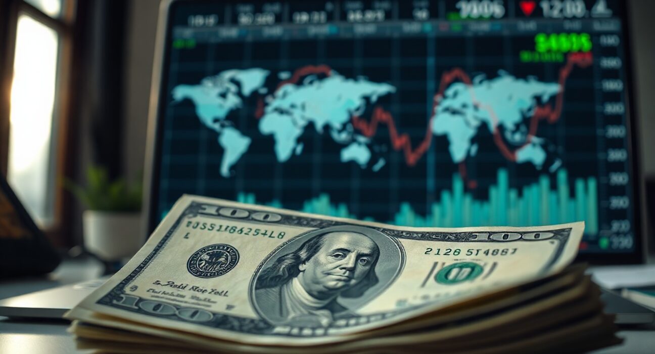 US dollar bills and a currency chart on a screen in a financial newsroom setting