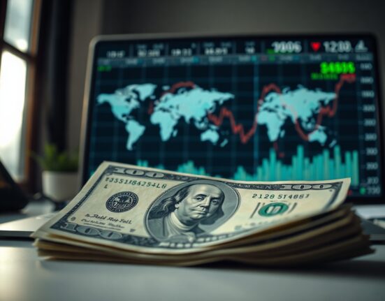 US dollar bills and a currency chart on a screen in a financial newsroom setting