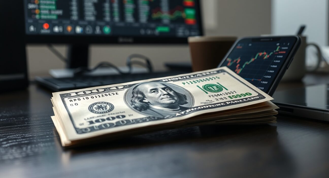 US dollar bill and smartphone showing financial chart with candlesticks on a wooden desk